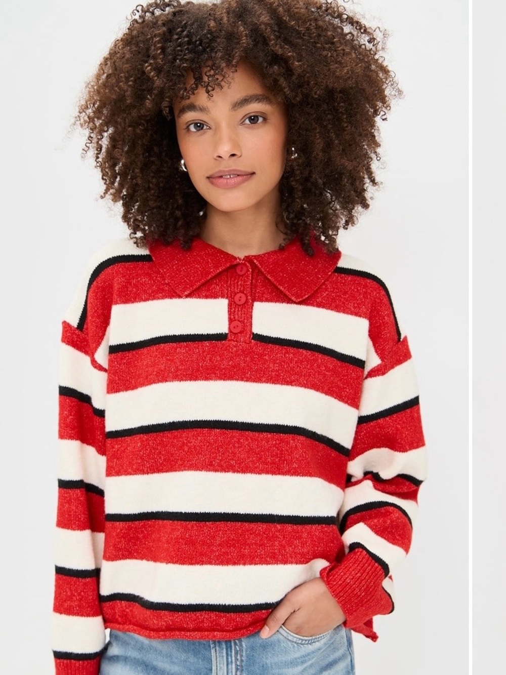 Shop Bop Little Lies Striped Red and Cream Polo-Style Crew Sweater NWT